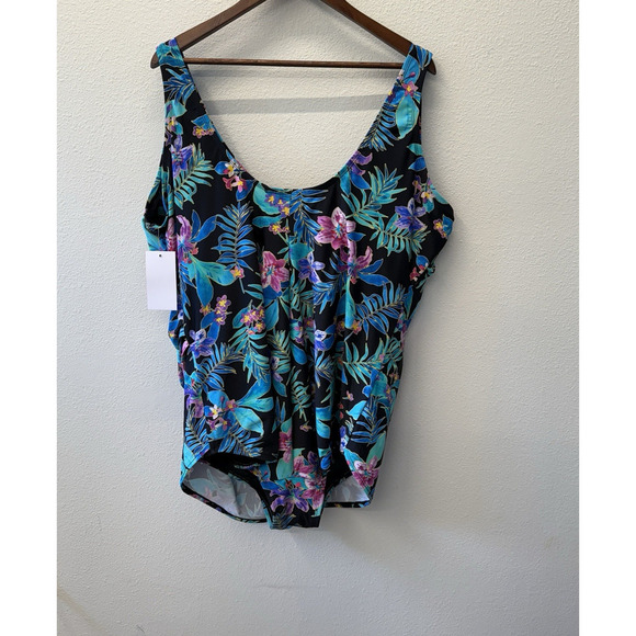 Swimsuits For All One Piece Swim Dress Women Plus Size 30 Blue Black Floral NWT - Picture 2 of 7